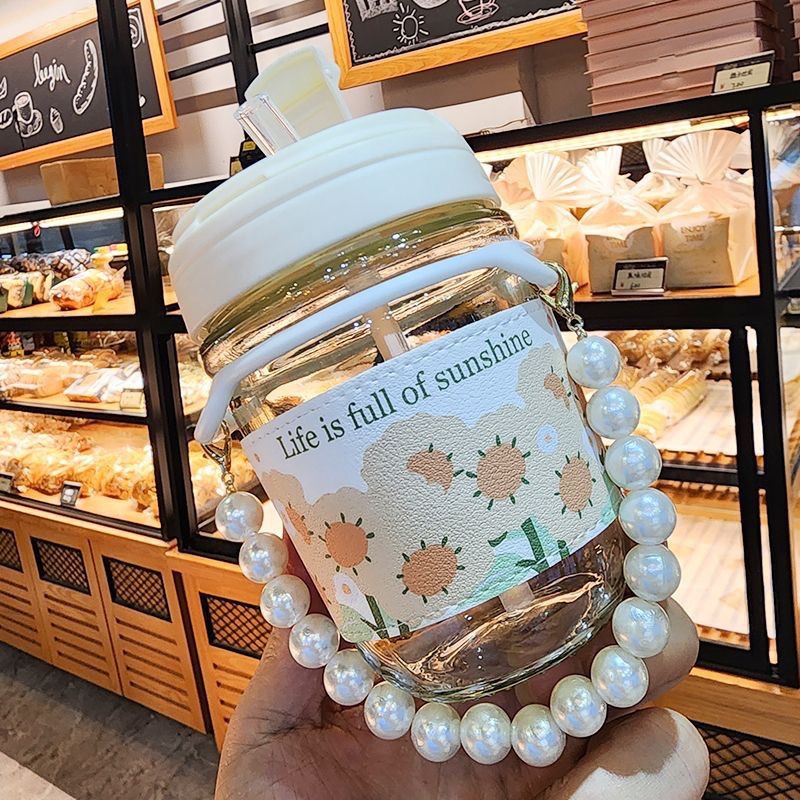 Square Heat Resistant Coffee Glass Cup With Lid and Straw