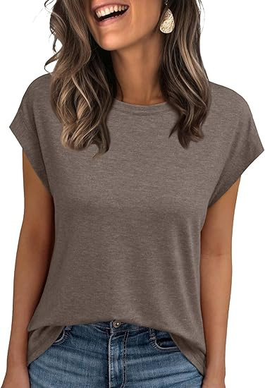Amazon 2025 ヨーロッパとアメリカの女性のベスト夏クロスボーダーラウンドネック半袖 Tシャツ無地ラウンドネックカバースリーブ外国貿易女性|undefined