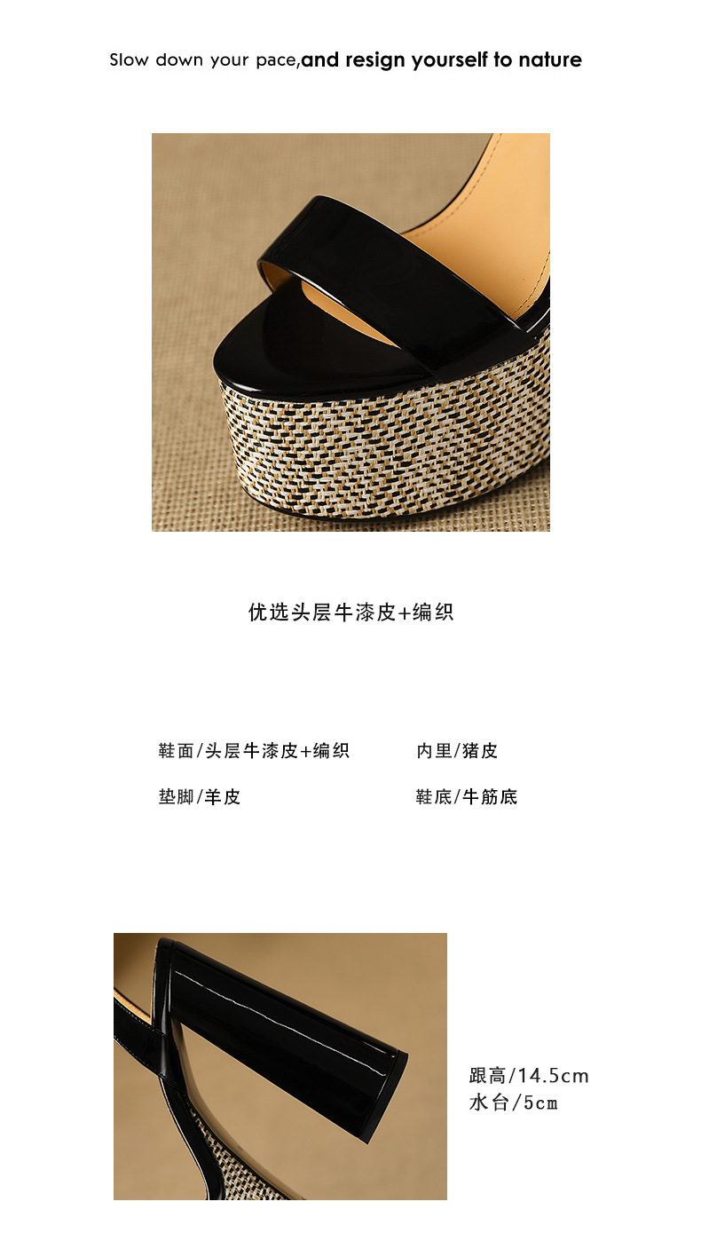 Sandal hở mũi một dây Yichuan da thật gót vuông cao 9 cm — đen chi tiết 2