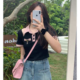 撞色Polo领镂空短袖T恤女夏季新款设计感露肩拼接辣妹短款上衣ins