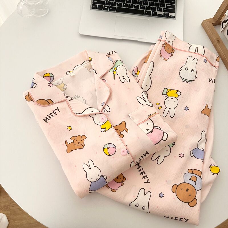 Cartoon Miffy Rabbit Cloud Cotton Pajamas Girls Spring and Autumn Plaid and Cute Long Sleeves and Trousers Home Clothes Set