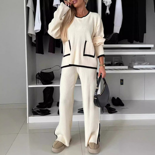 Autumn 2024 Contrast Color Women's Casual suit Color-matching Pocket Top Wide-leg Pants Two-piece Set