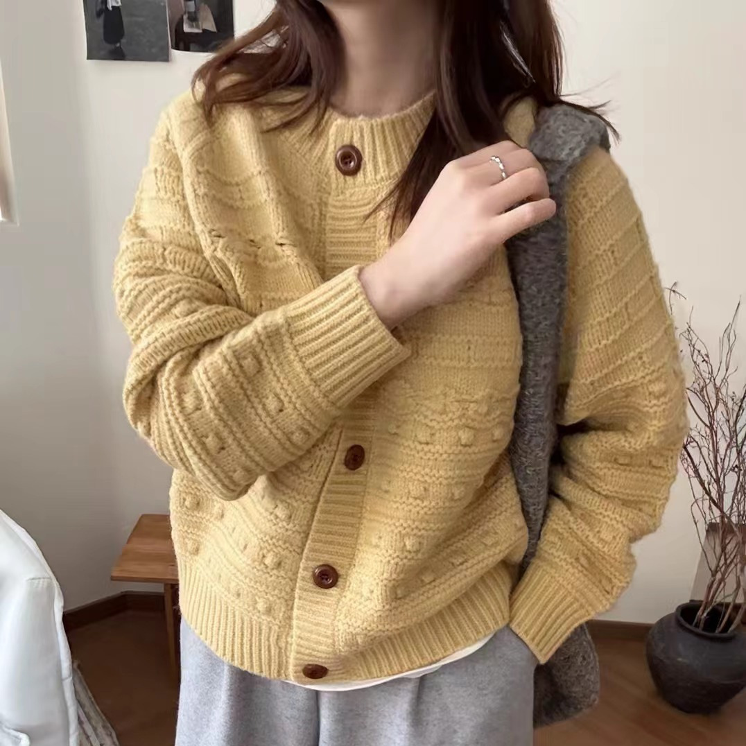 Cross-border coreano retro industria pesada gancho flor nicho de punto cardigan de mujeres otoño invierno nuevo cuello redondo abrigo suéter suelto image 1