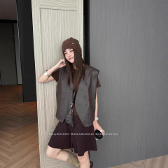 V领皮衣马甲外套女秋季2025新款宽松显瘦不规则无袖pu皮坎肩上衣