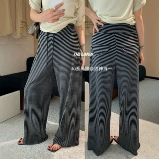 柠檬绿茶2026夏日女装韩系复古风条纹百搭显瘦抽绳抖抖裤休闲裤潮