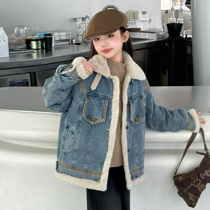 女童牛仔外套加绒加厚中大童秋冬款上衣2024新款洋气儿童冬季棉衣