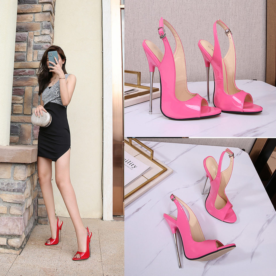 Dép sandal nữ cao gót mũi cá tính gót mảnh 16 cm phong cách Âu Mỹ — Màu đen, Màu đỏ, Đỏ đào