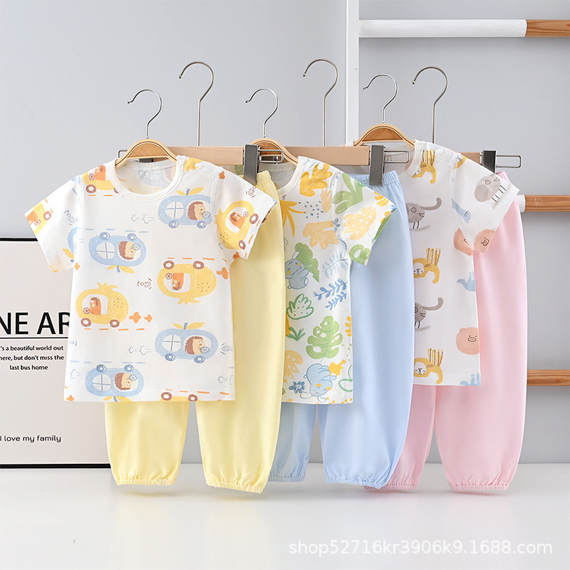 Children's Summer Outfit for Boys, Toddler Short-Sleeve T-Shirt Two-Piece Set, Infant Class a Long Pants for Young Children