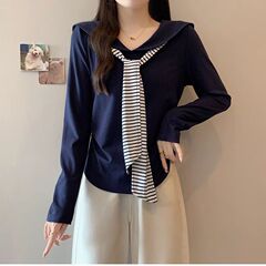 大码海军领条纹绑带显瘦长袖T恤女春秋新款胖mm宽松显瘦减龄上衣