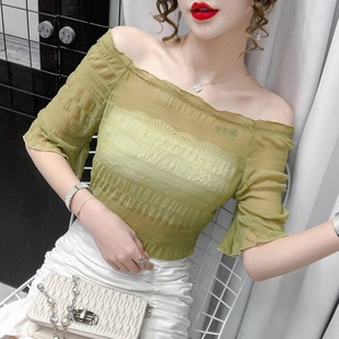 Summer Clavicle Shoulder Top Women's Mesh Base Shirt Horned Sleeve Chiffon Inner Short Short Sleeve Thin plus size
