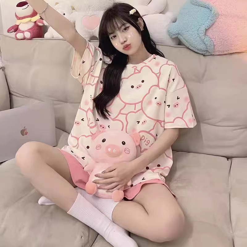 小猪印花睡衣女夏季短袖薄款圆领套装可爱卡通学生少女韩版家居服