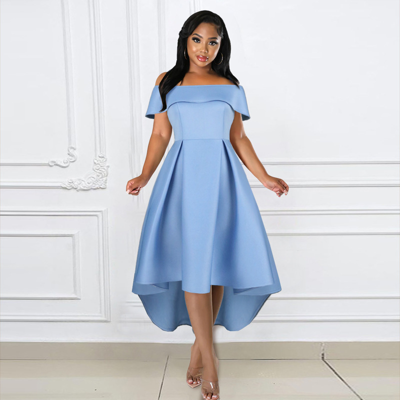 New Style One-character Collar dress Sleeve Fold Irregular Host Speech Evening dress party dress