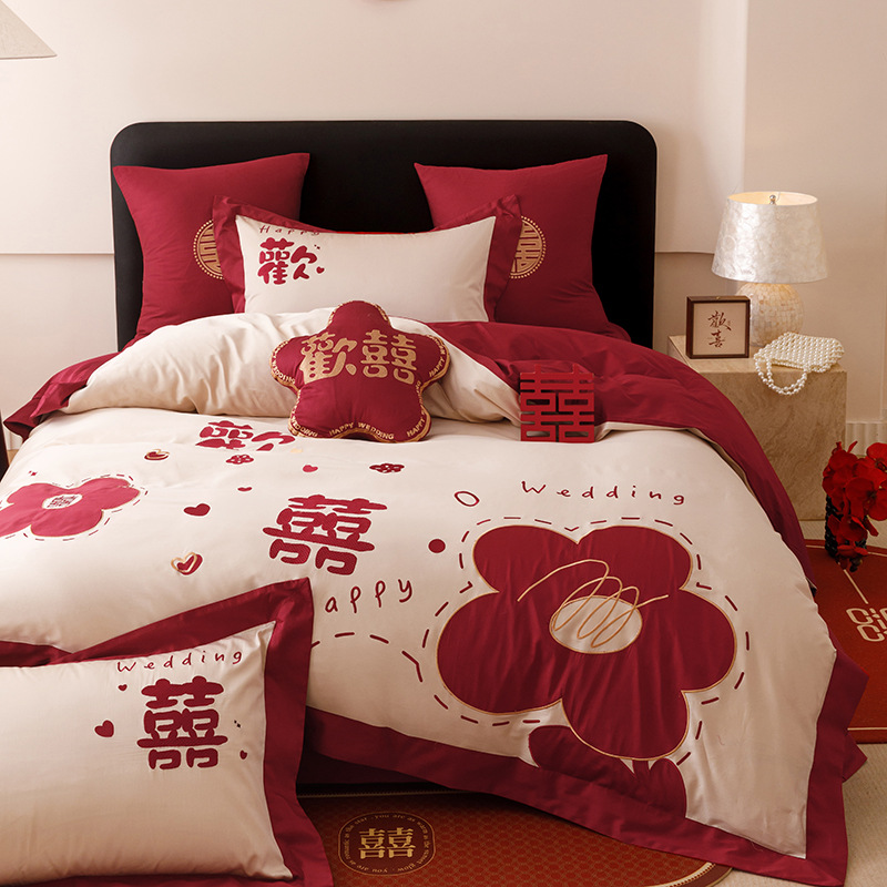 Chinas de alta gama algodón Jacquard cama de boda cuatro piezas de algodón sábanas rojas cubierta sábanas de boda