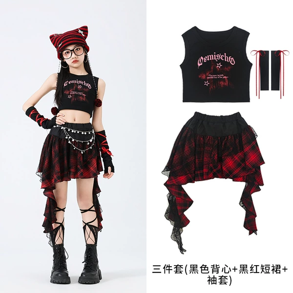 Set, black vest, mini-skirt, sleeves, 3 pieces