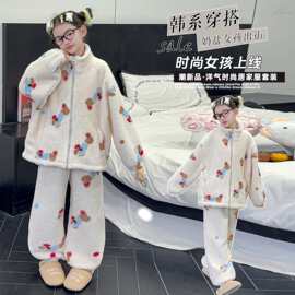 女童睡衣珊瑚绒冬季2025新款女孩可外穿加厚法兰绒儿童家居服套装