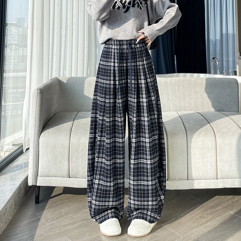 复古格子休闲长裤女秋季新高腰显瘦阔腿直筒裤美式高街弯刀拖地裤|undefined