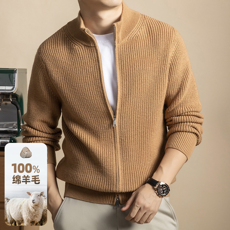 5-Pin Thickened Ingot Needle Stand Collar Wool Cardigan Men's Autumn and Winter 100% Pure Wool Knit Jacket Versatile Top