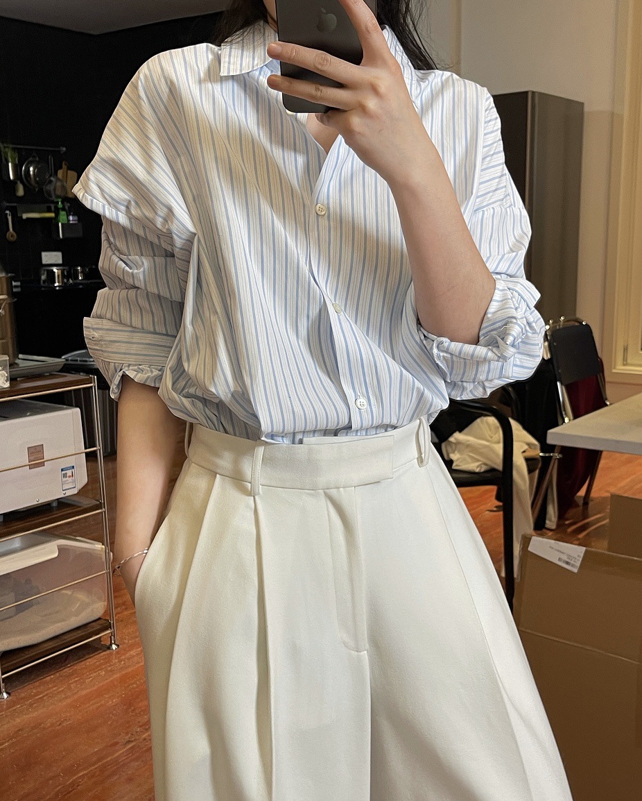 春季新款韩版慵懒oversize清爽蓝条纹翻领衬衫宽松舒适休闲上衣女-阿里巴巴