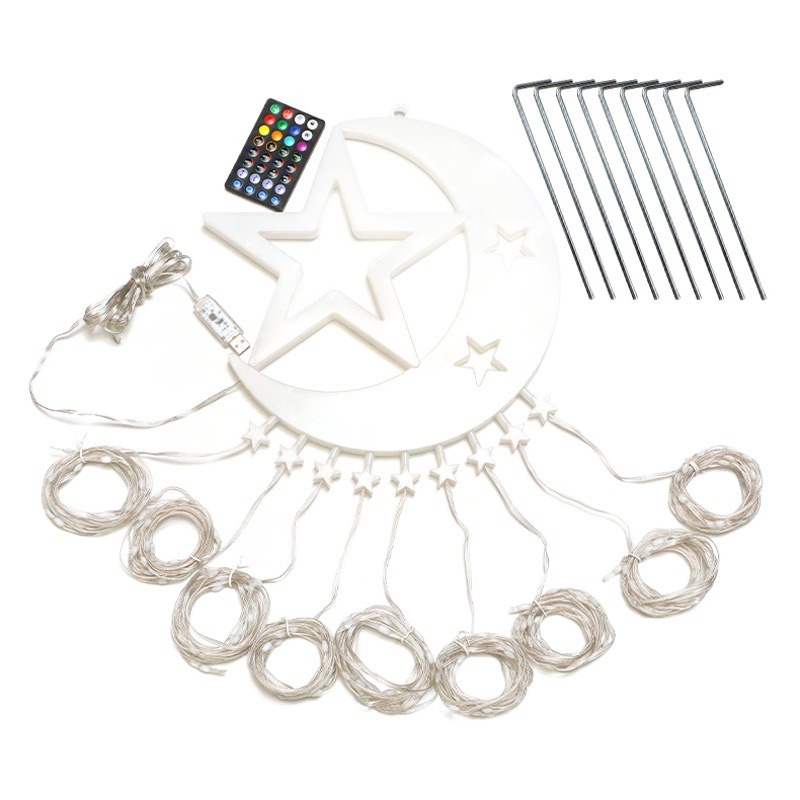 Luna nueva estrella de cinco puntas cascada luz Navidad estrella Luna al aire libre impermeable solar control remoto agua luz decorativa