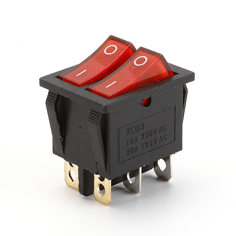 双联船型开关 红绿色带灯2档6脚 电源按钮开关电饼铛电暖器开关