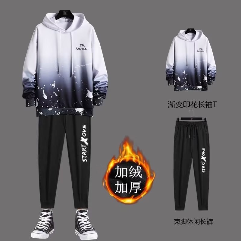 Nuevo suéter con capucha de gradiente forrado de lana para hombres jóvenes traje casual más tamaño estilo coreano deportes primavera y otoño moda todo a juego