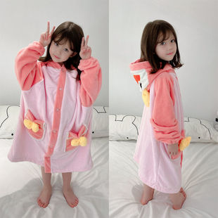 [new style] autumn and winter children's bath towel bathrobe long sleeve hooded cartoon pajamas coral fleece thick bath home clothes
