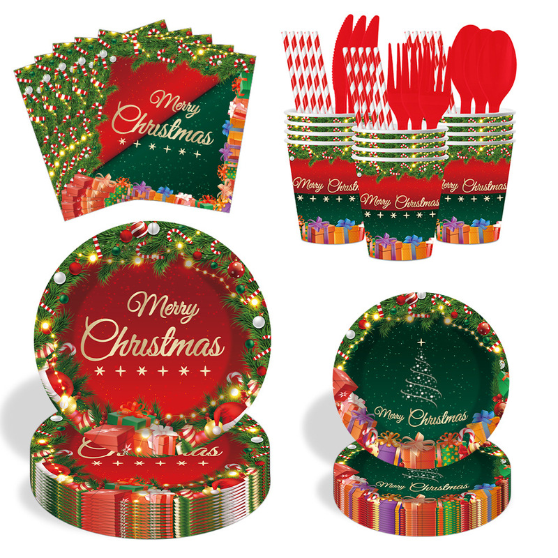 Christmas Disposable Tableware Set Paper Plates Paper Cups Knife Fork Spoon Napkin Tablecloth Oil-Proof Waterproof No-Wash Party Wholesale