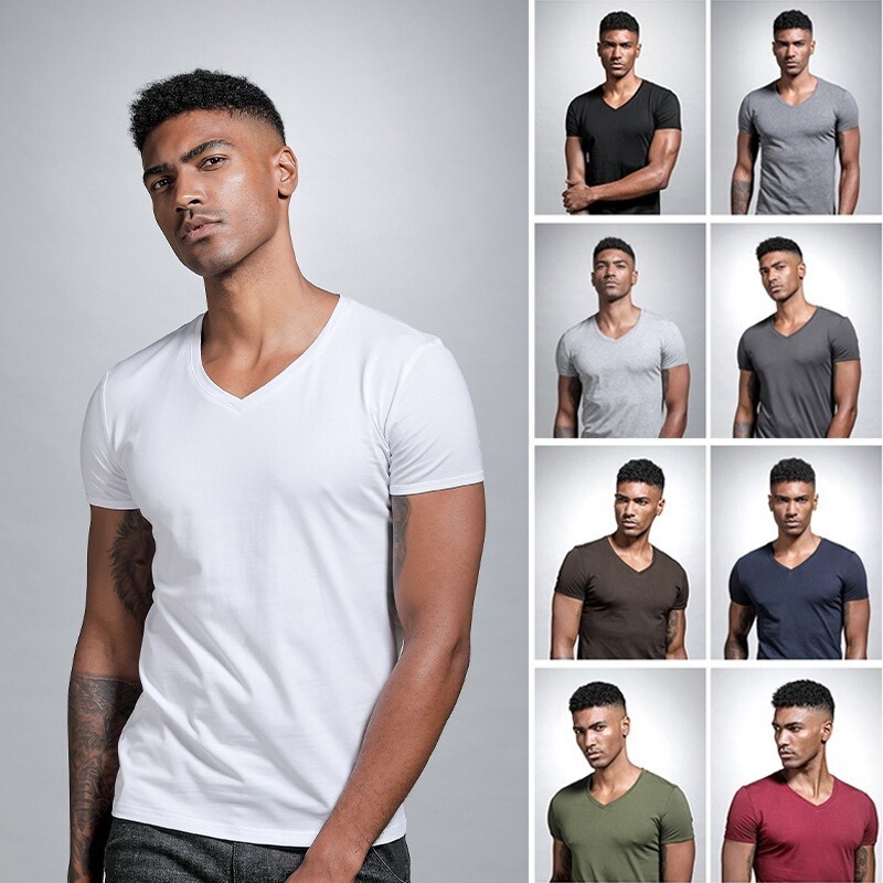 Wholesale Summer Solid Color V-Neck White T-Shirt Slim Base Shirt Men's Short-Sleeve Heart-Neck White t Inner Layer Slim Base Wholesale Summer Solid Color V-Neck White T-Shirt Slim Base Shirt Men's Short-Sleeve Heart-Neck White t Inner Layer Slim Base