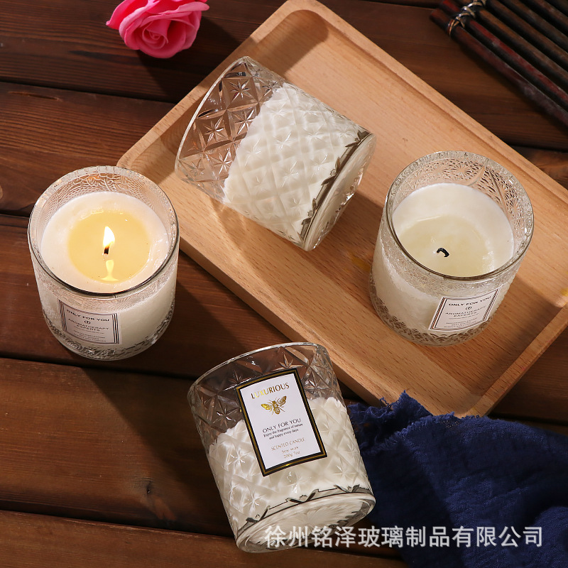 现货200g浮雕蜡烛玻璃空瓶 香薰净化空气玻璃瓶 彩色蜡烛杯伴手礼