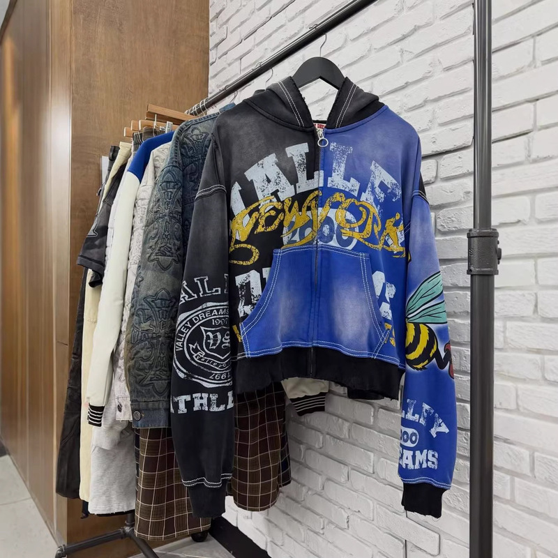 Ins American Street Fashion New Gothic Harajuku Print Retro Washed Zipper Hooded Lulu Sweatshirt Y2K Ins American Street Fashion New Gothic Harajuku Print Retro Washed Zipper Hooded Lulu Sweatshirt Y2K