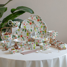 七彩云花陶瓷餐具家用碗盘碟组合套装田园风饭碗汤碗双耳碗盘子