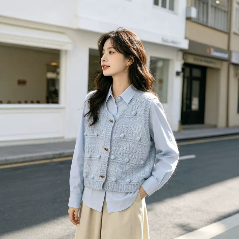 Korean-style autumn new vintage artistic solid color dotted design single-breasted knitted sweater vest for women Korean-style autumn new vintage artistic solid color dotted design single-breasted knitted sweater vest for women