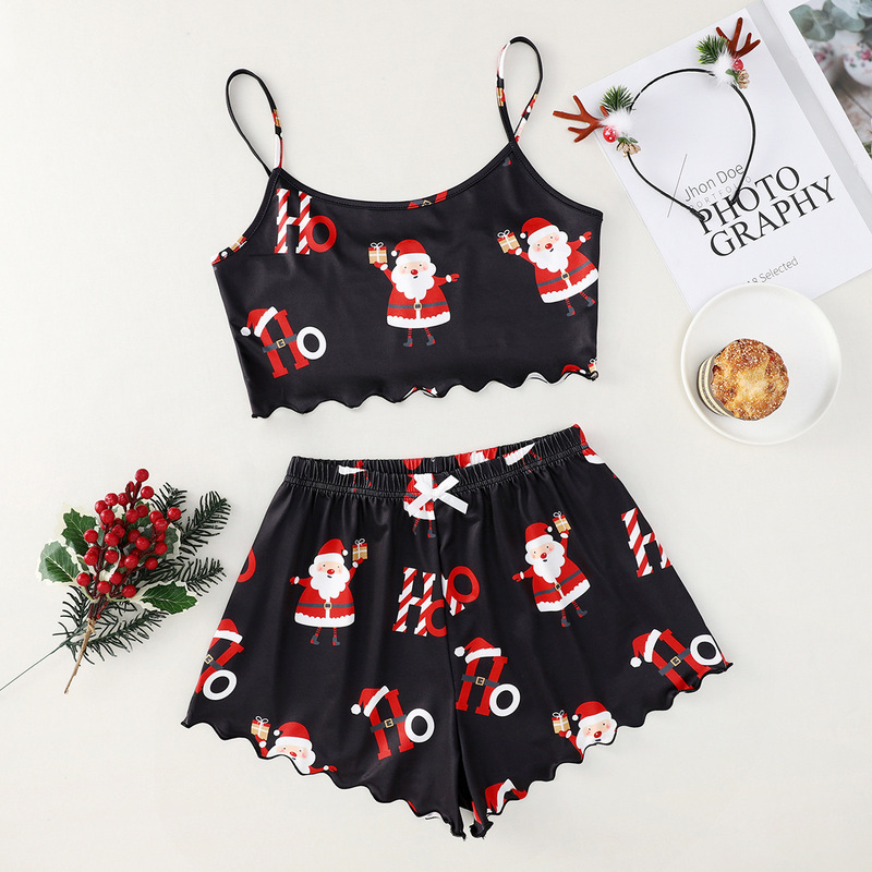 クリスマスの欧米風の新しい薄いパジャマの女性の袖なしの半ズボンの牛乳の糸のシンプルなカジュアルな2つのセットの部屋の服|undefined