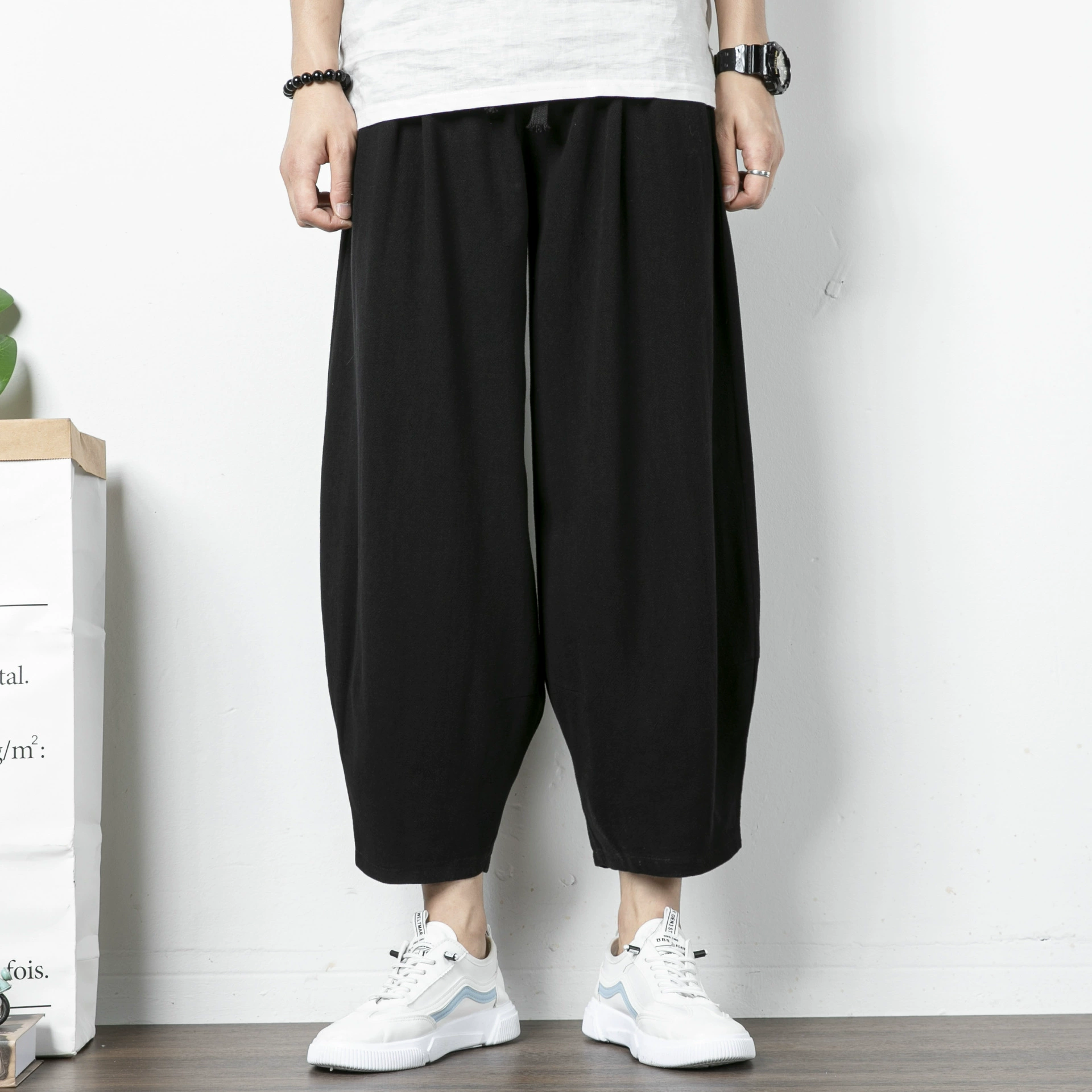 Классические летние штаны в китайском стиле из хлопка и льна, oversize, свободный крой, плюс размер