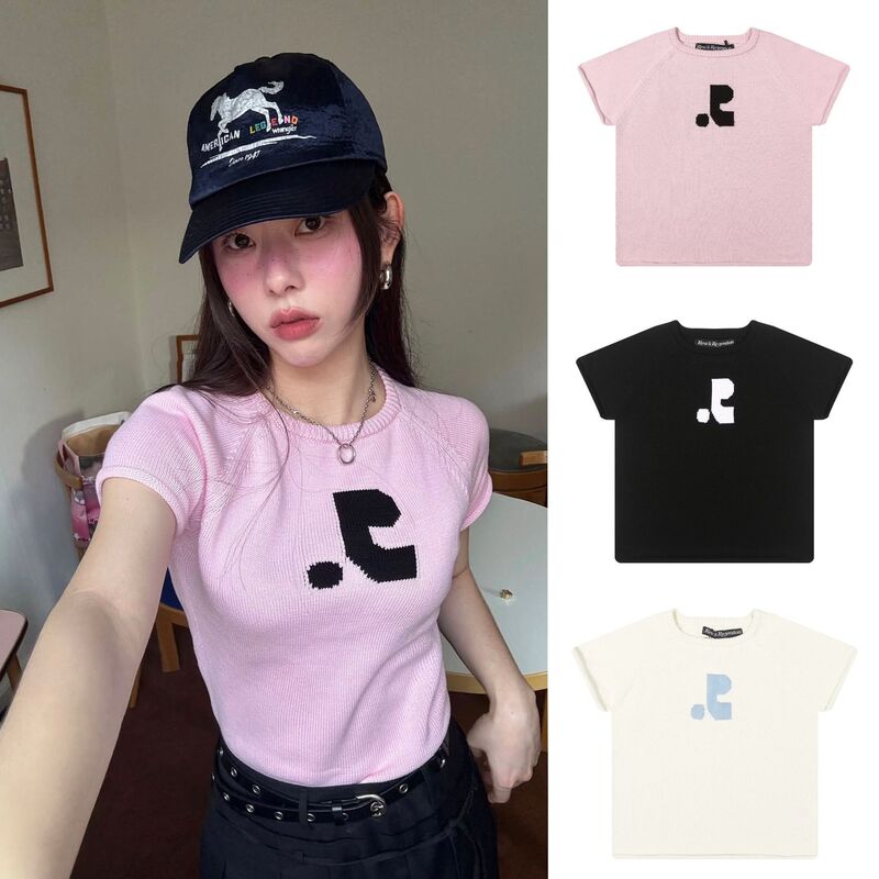 Korean Restandrecreation Jacquard Logo Rolled-Edge Short-Sleeve Knit Top for Women Rr Slim-Fit Short T-Shirt Summer