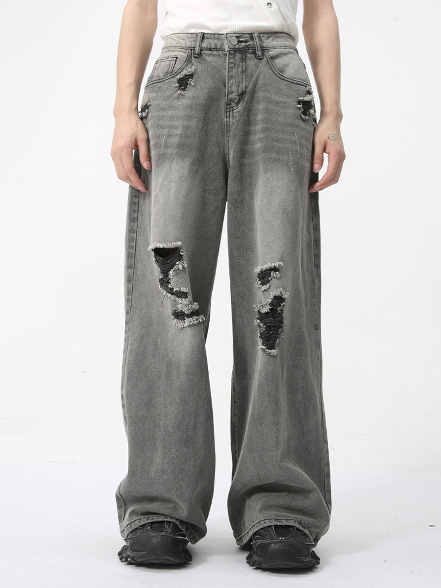 MTLCLOTHES Ropa de hombre | 2024 primavera nuevo producto japonés lavado y viejo traje de mezclilla pantalones rasgados guapos marea