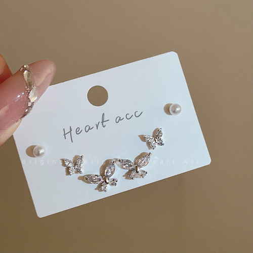 Korean Fashion Versatile Micro-Inlaid Zirconia Butterfly Three-piece Set Earrings S925 Silver Needle Temperament Small Earring Buckle