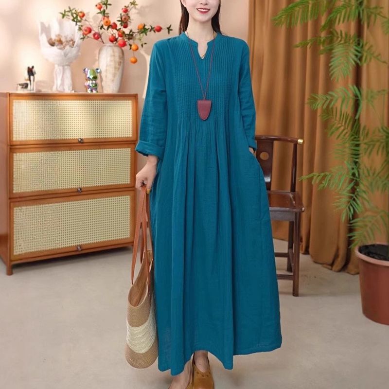 Cotton and Linen Dress, Artistic Retro Casual Accordion Pleat Design Long Skirt, Autum New Long-Sleeved Knee-Length Skirt