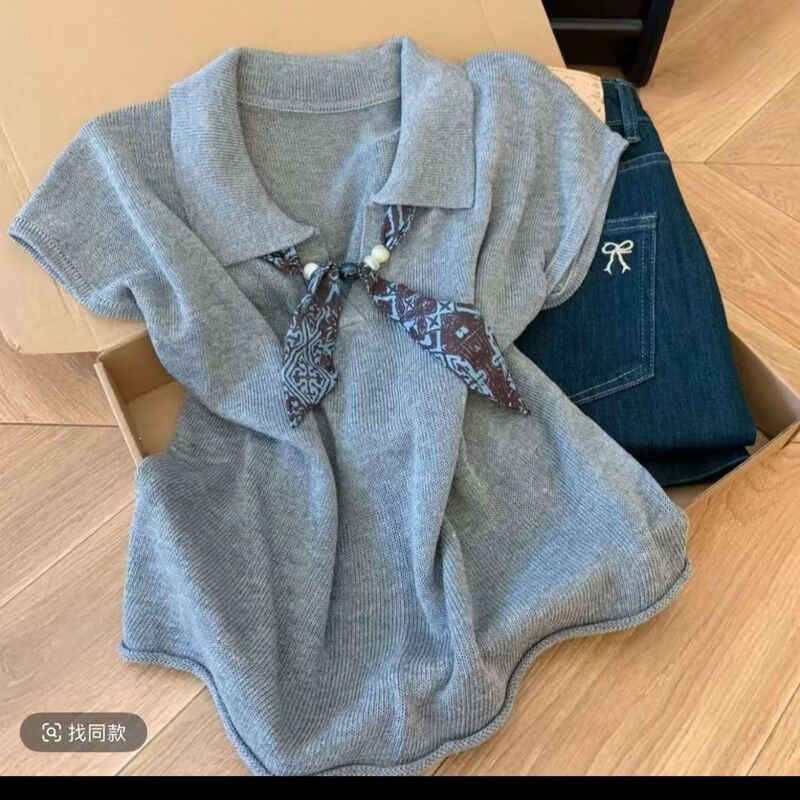 Simple Oatmeal-Colored Polo Collar Short-Sleeved Knitwear for Women, Summer Loose, Fashionable, High-End T-Shirt Top