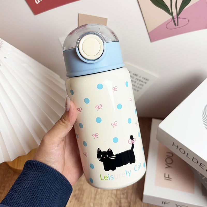 Taza termo de gatito simple, linda chica de alto valor, taza de sorbente para estudiantes, taza para beber doble de acero inoxidable 316 para niños