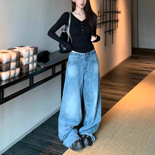 Skk Storee Good Pants Three-dimensional Side Washed Old Jeans Women's Autumn Retro American Wide Leg Pants