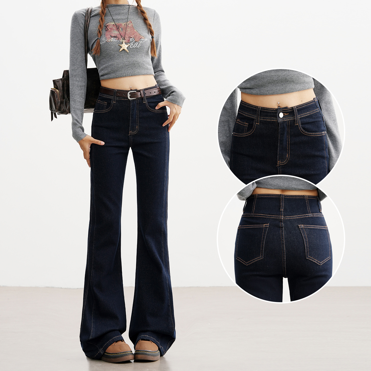 Denim Blue Flared Jeans for Women, New Autumn 2026 Style, Slim Fit, Butt-Lifting, Stretchy, Petite Flared Long Pants