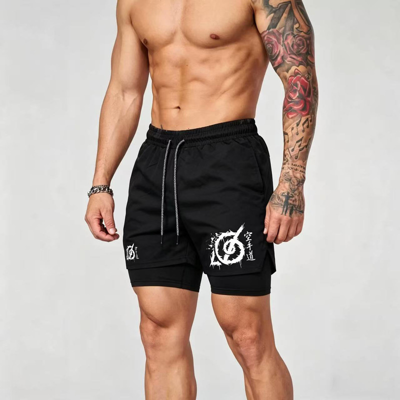 Karate Pattern Two-In-One Men's Fitness Running Shorts with Compression Padding and Towel Loop Sports Shorts