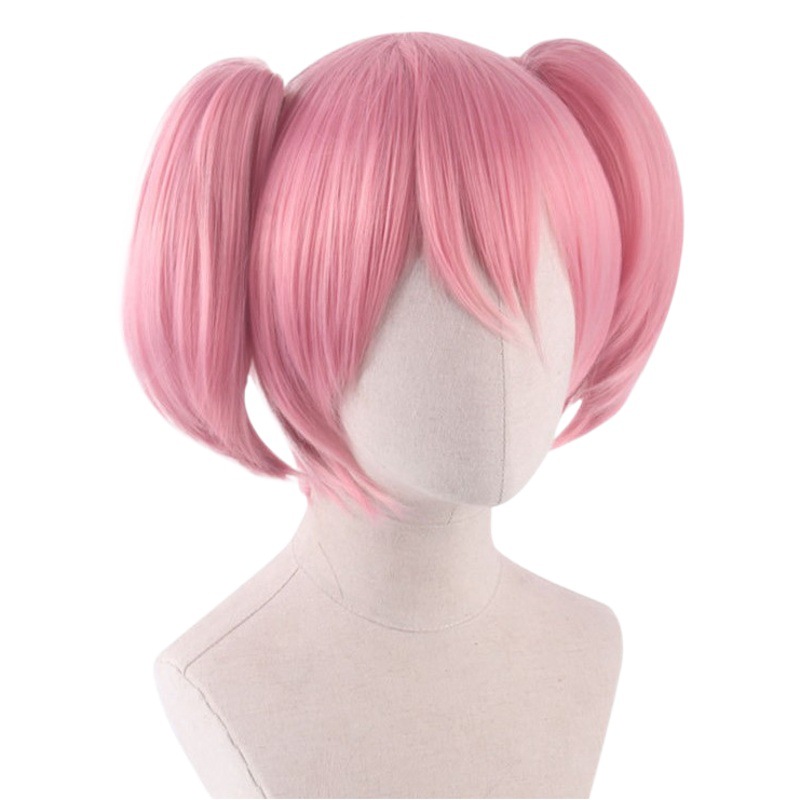 Magical girl Madoka nueva peluca cos rosa humo doble tigre clip ciervo ojo rojo fragante cuadrado Ya Meng peluca de anime