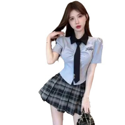 달콤하고 뜨거운 대학 스타일 JK 세트 반팔 넥타이 최고 여름 높은 허리 격자 무늬 주름 치마 전문 유니폼 투피스 세트