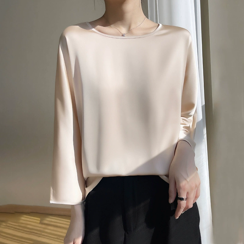 Round-neck women's pullover, satin-look emulation silk, thin commuter base shirt, 3/4 sleeves