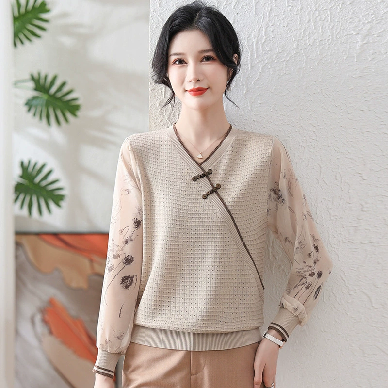 Мама среднего возраста весна и осень Маленькая рубашка Топ 2024 новая женская одежда среднего и пожилого возраста новый свитер в китайском стиле в национальном стиле для женщин