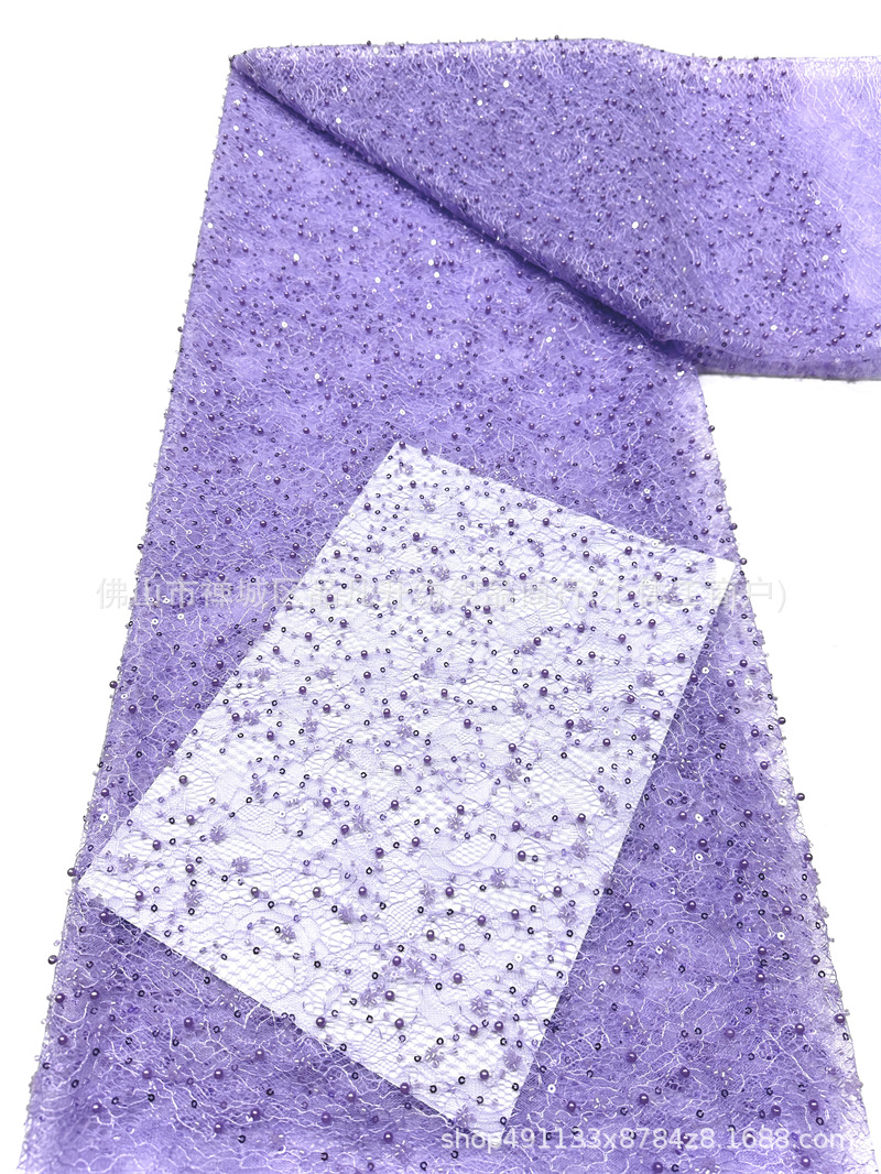 Tejido de encaje de perlas de oro ligero tamaño de perlas sequinado alto vestido de hombro inclinado tejido bordado a mano
