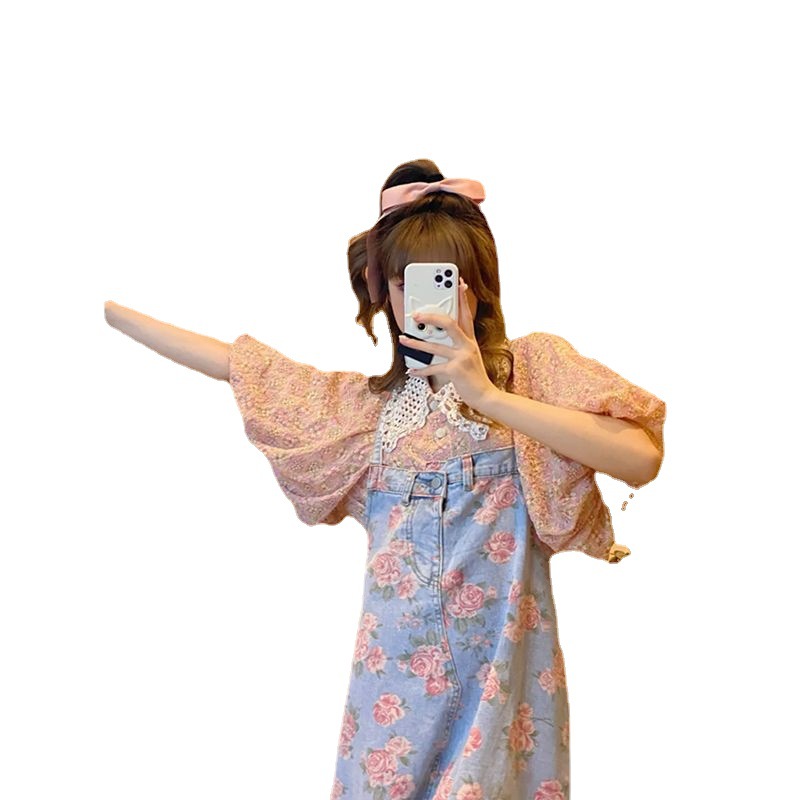 (2개) 긴 꽃 원피스 빈티지 데님 스트랩 원피스 여름 202 디자인 꽉 허리 슬리밍 중간 길이의 아이들