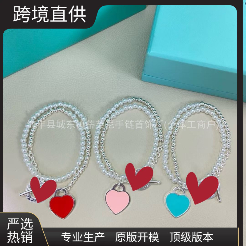 T's High Version V Gold Heart Blue Enamel Bracelet Plated with 18K Wrapped Bead Peach Heart Bracelet for Men and Women